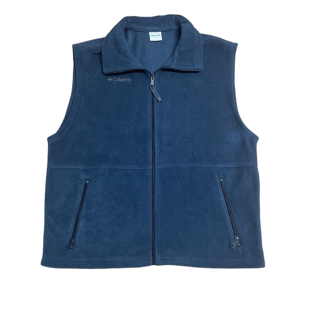 COLUMBIA VEST FLEECE MENS L FULL ZIP COLLARED POCKETS WARM NAVY BLUE LOGO CASUAL